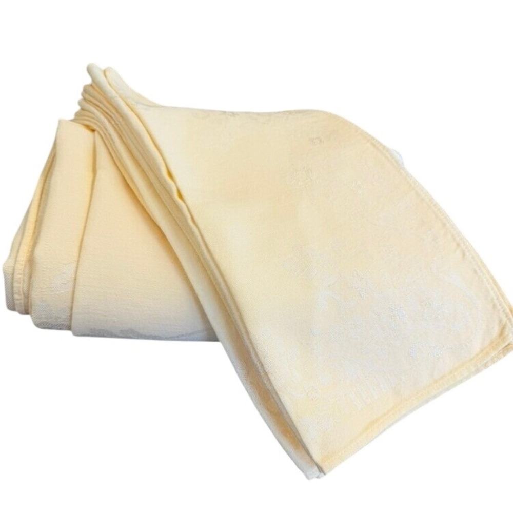 VTG Butter Yellow Damask Floral Rectangular Tablecloth 94x56 & 12 Napkins 14x14